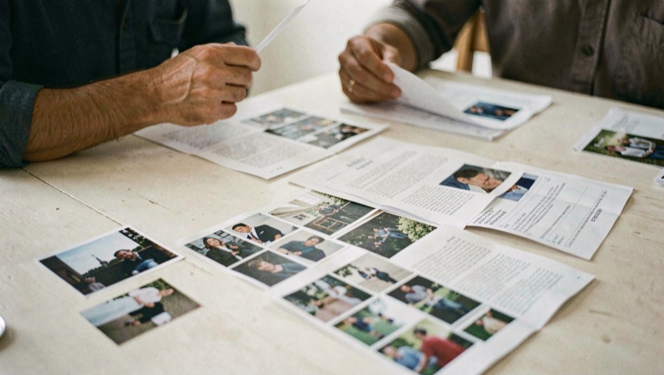 Mans que ordenen fulls de programa i fotografies sense text damunt una taula clara