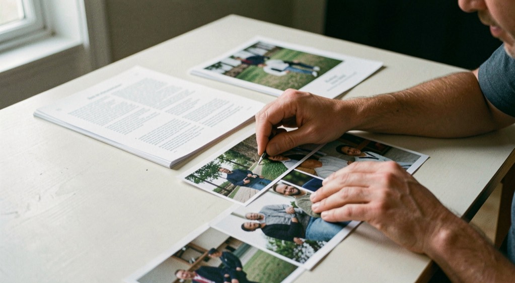 Mans que ordenen fulls de programa i fotografies sense text damunt una taula clara