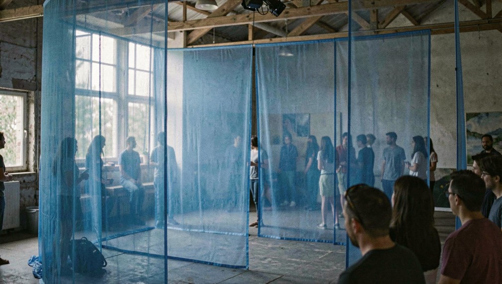 Estructura escènica amb pantalles translúcides i llum blau cobalt