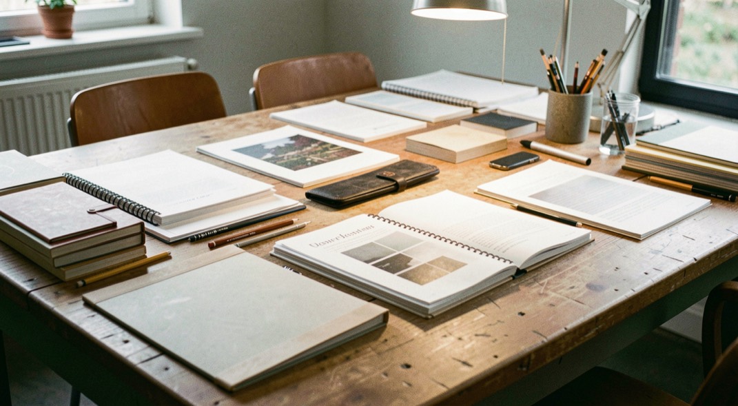 Materials d’arxiu i llum de treball en una taula editorial