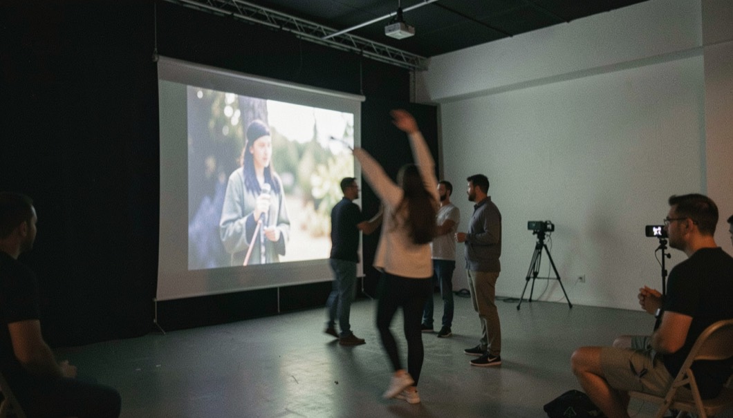 Espai d’assaig fosc amb projecció de llum i moviment desenfocat