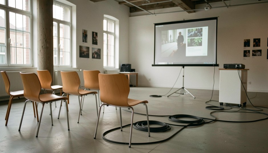 Detall de cadires, cables i una pantalla de projecció en un espai cultural