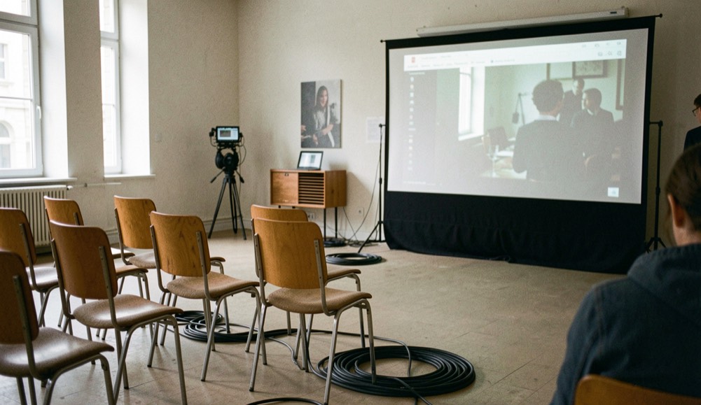 Detall de cadires, cables i una pantalla de projecció en un espai cultural