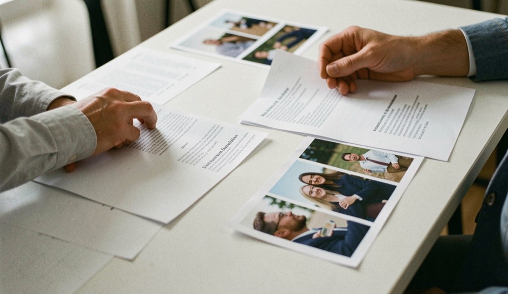 Mans que ordenen fulls de programa i fotografies sense text damunt una taula clara