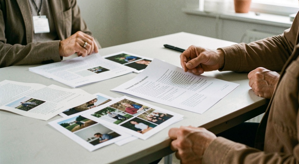 Mans que ordenen fulls de programa i fotografies sense text damunt una taula clara