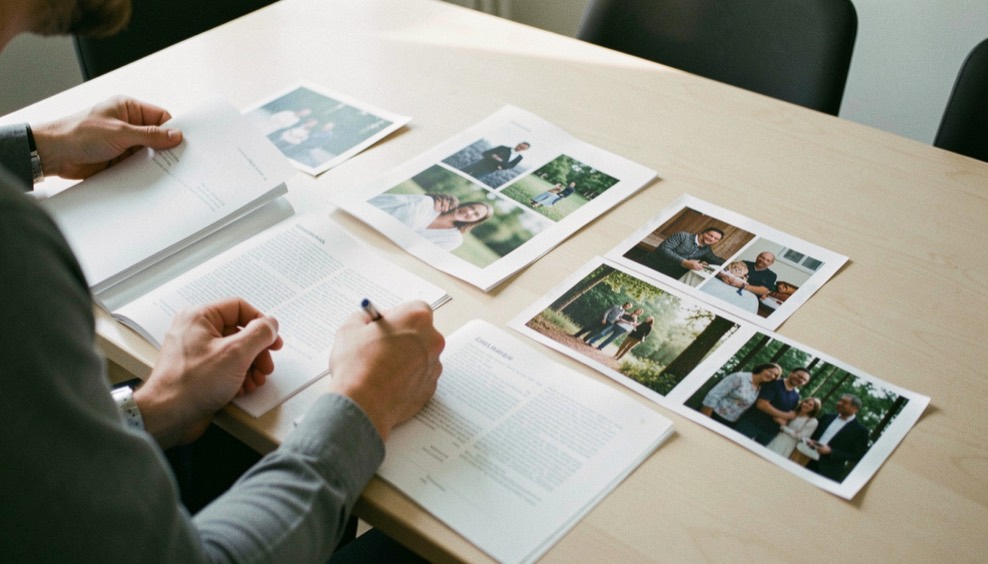 Mans que ordenen fulls de programa i fotografies sense text damunt una taula clara