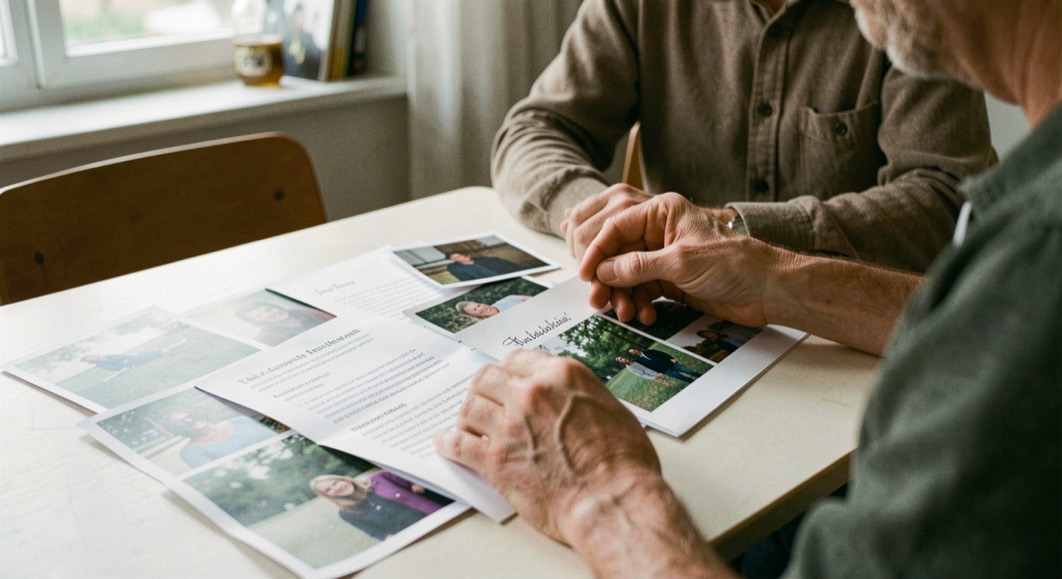 Mans que ordenen fulls de programa i fotografies sense text damunt una taula clara