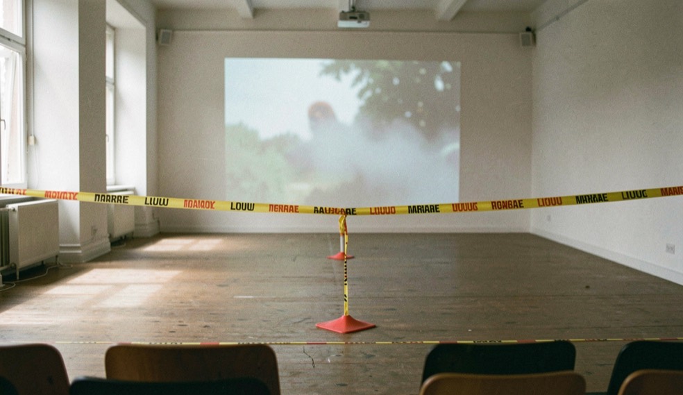 Una sala d’assaig buida amb llum lateral, cinta de marcatge i una projecció difusa al fons